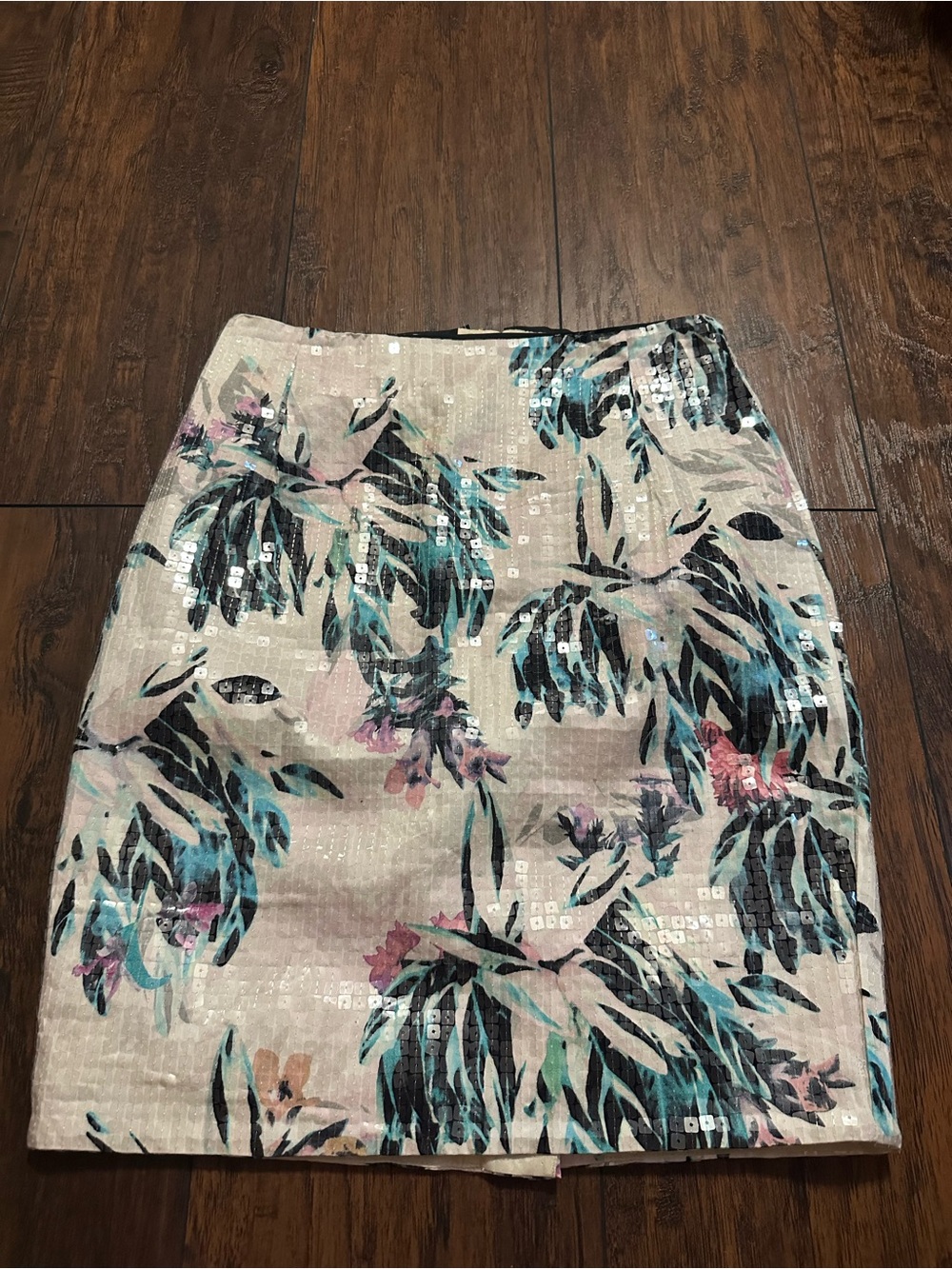 H&M Beige Floral Sequin Pencil Skirt with Teal and Black Accents
